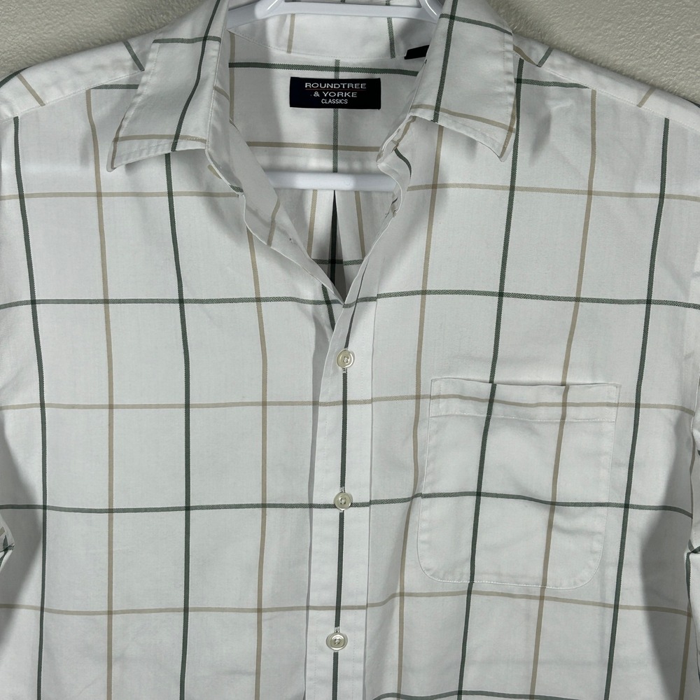 Roundtree & Yorke Button Down Shirt Mens Large White Green Plaid Short Sleeve